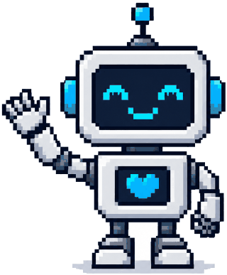Synthia's robot mascot, waving